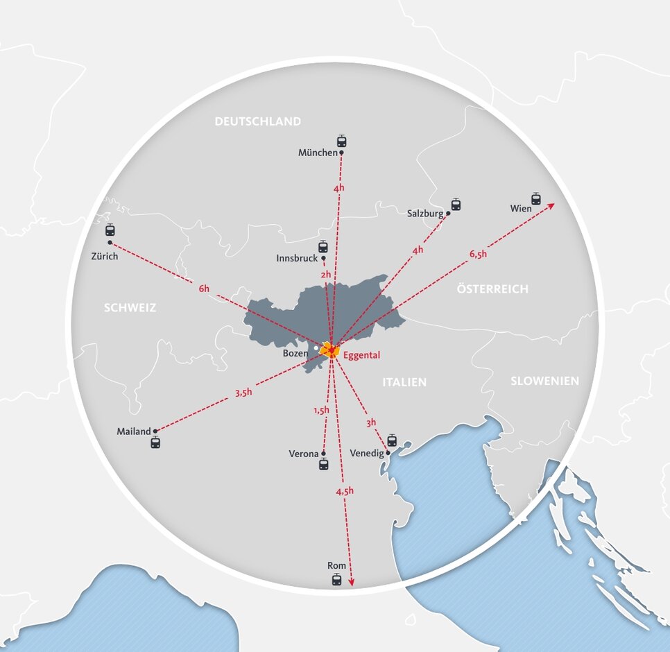 Mappa arrivo in treno/distanza dalla Val d'Ega | © Eggental Tourismus